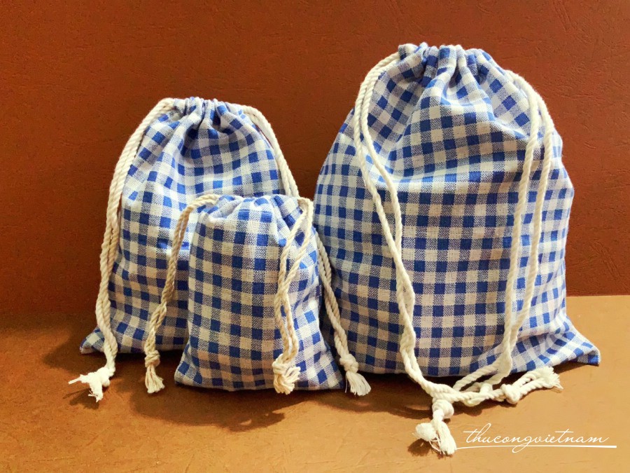 Set 3 túi rút vải bố - Caro xanh biển